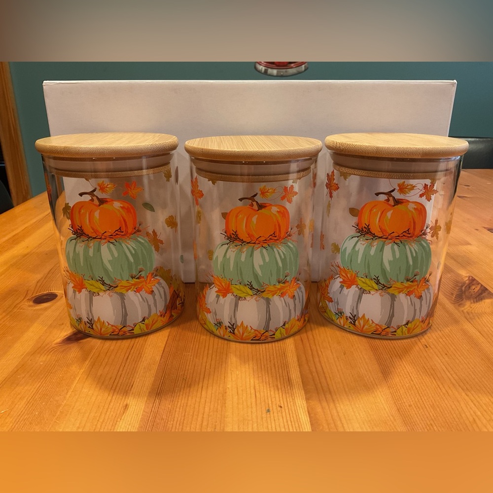 PUMPKIN CANISTERS WITH LIDS GLASS NEW FALL DECOR STORAGE 3 TEAL WHITE ORANGE - Picture 2 of 11